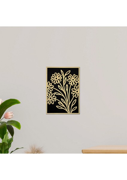 Gold Pleksi Çiçek Motifli Siyah Ahşap Dekoratif Tablo 15X20 cm Şık Duvar Süsü Ev Ofis Dekor