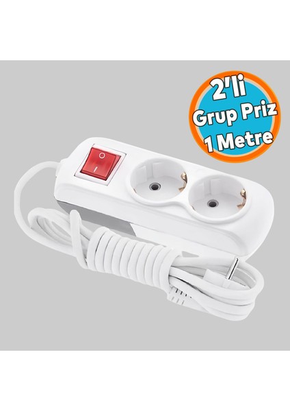 Anahtarlı Grup Priz Fiş Çoğaltıcı 1 Metre Topraklı Düğmeli Çoklu Kablolu 2'li Asmalı Uzatma