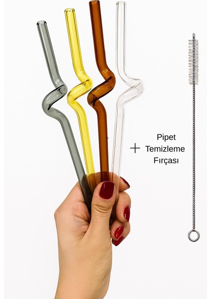 4’lü Renkli Cam Pipet Seti + Temizleme Fırçası – Yeniden Kullanılabilir Şık Tasarım