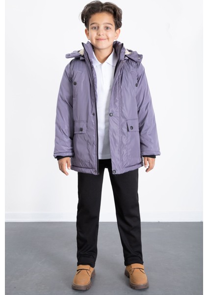 Antrasit Içi Kürklü Çıkarılabilir Kapüşonlu Basic Erkek Çocuk Şişme Mont 21443