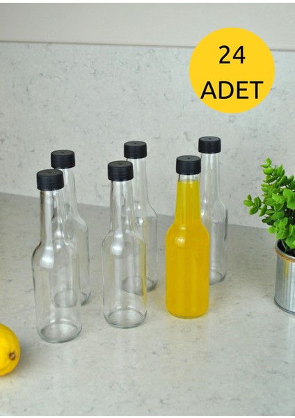 24'lü Cam Şeffaf 250 ml Süt, Ayran, Limonata, Meşrubat Şişesi Plastik Kapaklı Craft Şişe