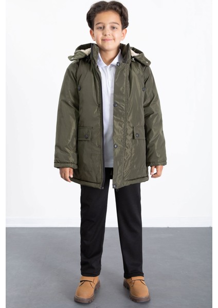 Haki Içi Kürklü Çıkarılabilir Kapüşonlu Basic Erkek Çocuk Şişme Mont 21438