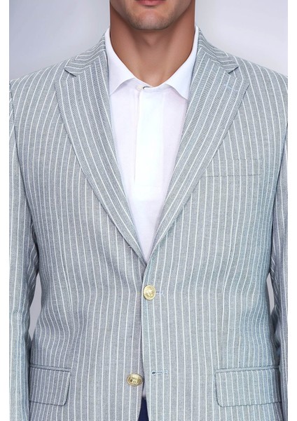 Açık Mavi Çizgili Keten Dokulu Gold Renk Metal Düğmeli Slim Fit Erkek Blazer Ceket – Wessi fiyatları