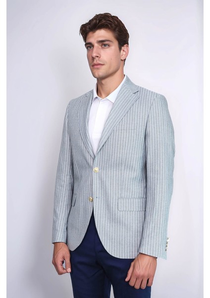 Açık Mavi Çizgili Keten Dokulu Gold Renk Metal Düğmeli Slim Fit Erkek Blazer Ceket – Wessi fırsatları