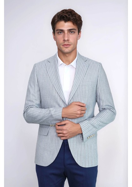 Açık Mavi Çizgili Keten Dokulu Gold Renk Metal Düğmeli Slim Fit Erkek Blazer Ceket – Wessi indirimleri