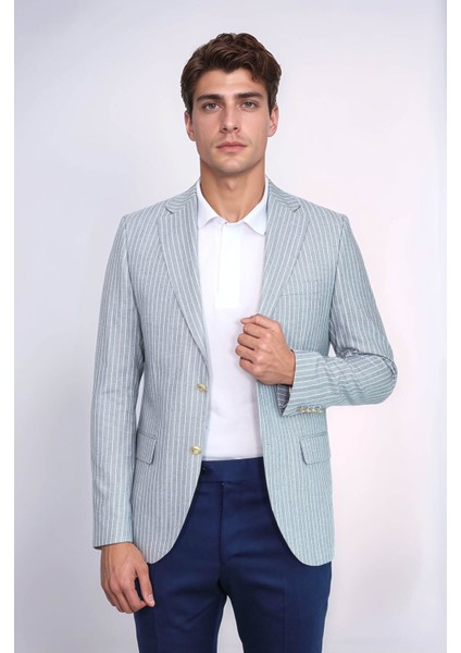 Açık Mavi Çizgili Keten Dokulu Gold Renk Metal Düğmeli Slim Fit Erkek Blazer Ceket – Wessi