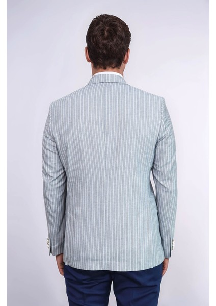 Açık Mavi Çizgili Keten Dokulu Gold Renk Metal Düğmeli Slim Fit Erkek Blazer Ceket – Wessi