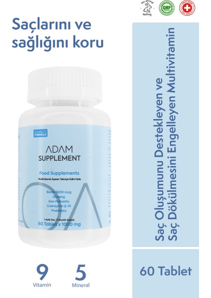 Saçı Destekleyen ve Dökülmesini Engelleyen Multivitamin - 60 Tablet - Biotin 5000 mg İçeren Saç Vitamini