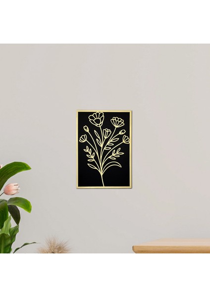 Gold Pleksi Çiçek Motifli Siyah Ahşap Dekoratif Tablo 15X20 cm Şık Duvar Süsü Ev Ofis Dekor