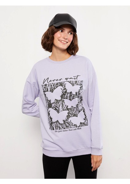 Lcw Vision Lila Bisiklet Yaka Baskılı Uzun Kollu Kadın Sweatshirt