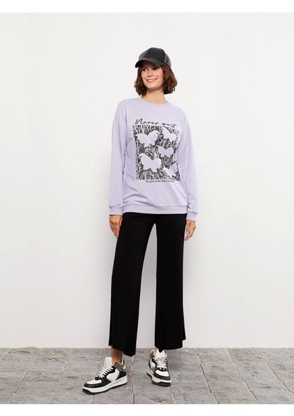 Lcw Vision Lila Bisiklet Yaka Baskılı Uzun Kollu Kadın Sweatshirt modelleri