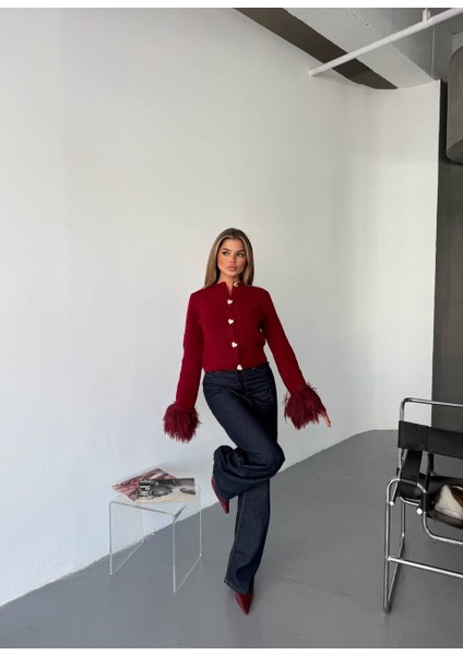 Kadın Kalp Gold Düğmeli Kol Ucu Püskül Detaylı Triko Hırka fiyatları