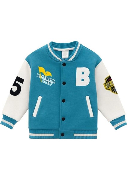 Unisex Çocuk Pamuklu Turkuaz Beyaz Kolej Ceket - Harf ve Baskı Detaylı Bomber Mont