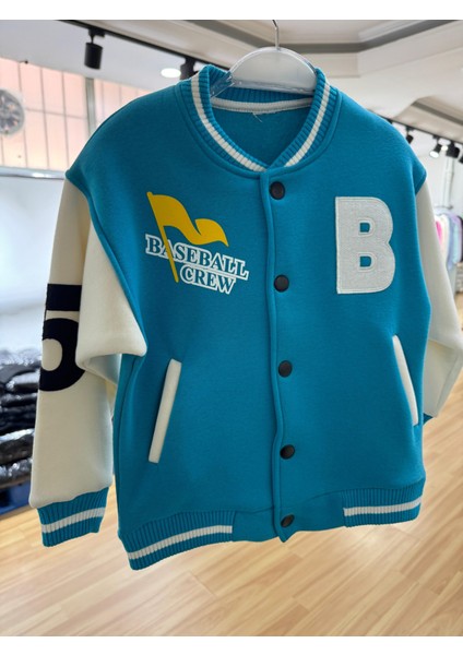 Unisex Çocuk Pamuklu Turkuaz Beyaz Kolej Ceket - Harf ve Baskı Detaylı Bomber Mont fırsatları