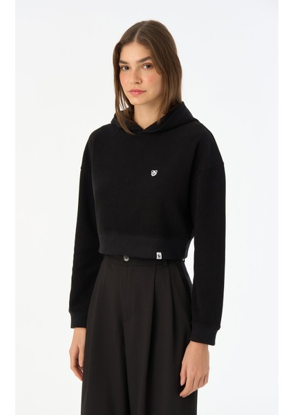 Panda Supersoft Crop Hoodie - Siyah