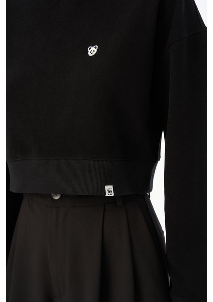 Panda Supersoft Crop Hoodie - Siyah modelleri