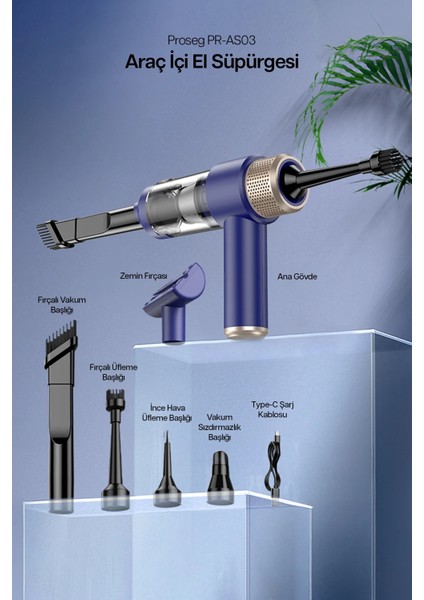 Portatif Vakumlu Üflemeli Mini Şarjlı Araç Süpürgesi - Toz ve Kül Temizliği El Süpürgesi PR-AS03