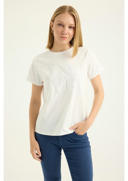 Payetli Gül Motifli Tshirt