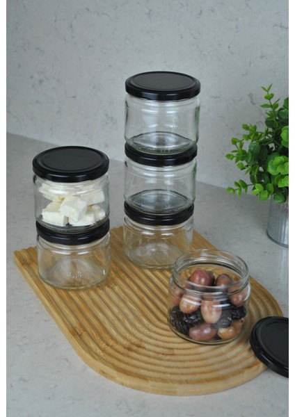 6 Adet 300 ml Metal Siyah Kapaklı Konserve Şeffaf Cam Magnolya Kavanoz Magnolia Tatlı