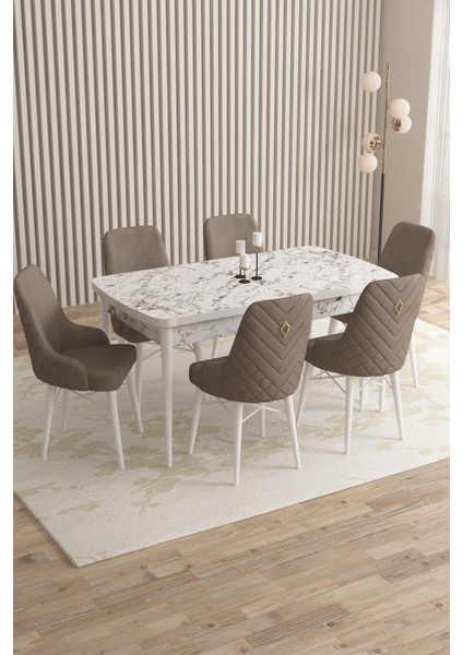 Mazaka Beyaz Mermer 80X132AÇILABILIR Mdf Masa Yemek Odası Takımı,mutfak Takımı 6 adet Sandalye