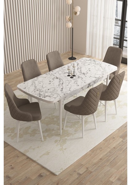 Mazaka Beyaz Mermer 80X132AÇILABILIR Mdf Masa Yemek Odası Takımı,mutfak Takımı 6 adet Sandalye fiyatları