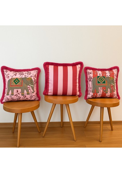 Pembe Rüya Serisi Fil Desenli 3’lü Dekoratif Yastık Seti (45X45 Cm, Püsküllü)