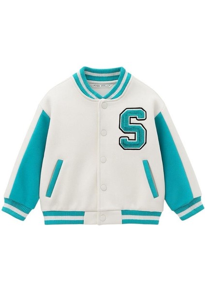 Unisex Çocuk Pamuklu Beyaz Turkuaz Kolej Ceket - Harf Aplikeli Bomber Mont