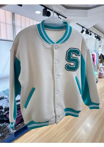 Unisex Çocuk Pamuklu Beyaz Turkuaz Kolej Ceket - Harf Aplikeli Bomber Mont fırsatları