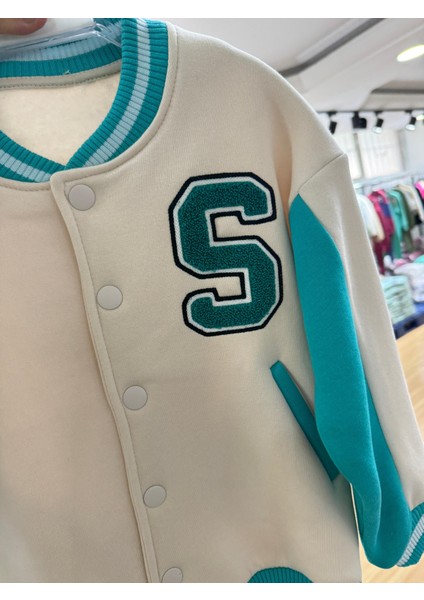 Unisex Çocuk Pamuklu Beyaz Turkuaz Kolej Ceket - Harf Aplikeli Bomber Mont indirimleri