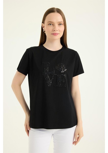 Payetli Gül Motifli Tshirt