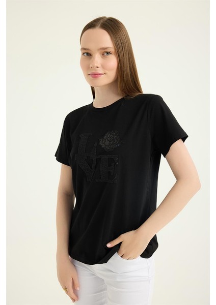 Payetli Gül Motifli Tshirt fiyatları