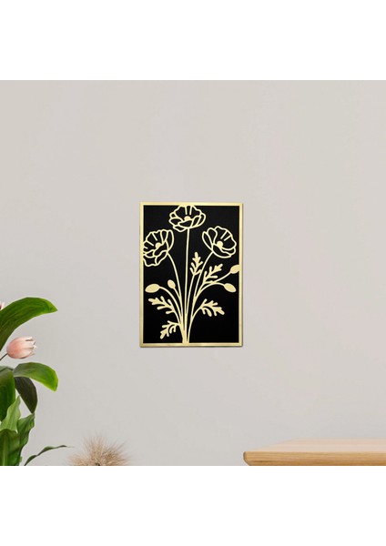 Gold Pleksi Çiçek Motifli Siyah Ahşap Dekoratif Tablo 15X20 cm Şık Duvar Süsü Ev Ofis Dekor