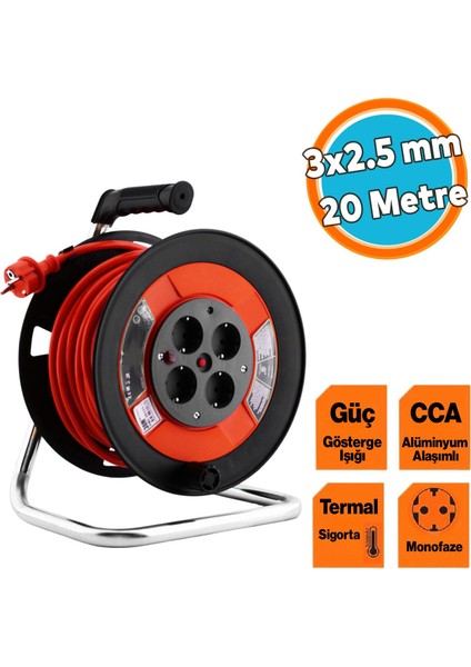 Seyyar Plastik Makaralı Monofaze Uzatma Kablosu 3x2.5 mm 20 Metre Cca Alüminyum Alaşım Kablo 4 Priz