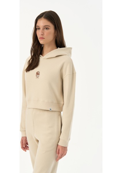 Cin Baykuşu Supersoft Crop Hoodie - Parşömen Bej
