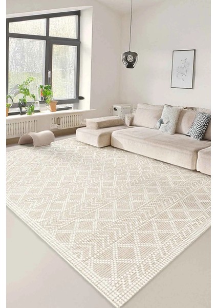 Dijital Kaymaz Yıkabilir Vizon Bej Salon Halısı Mutfak Halısı Koridor Halısıyolluk DC-7345