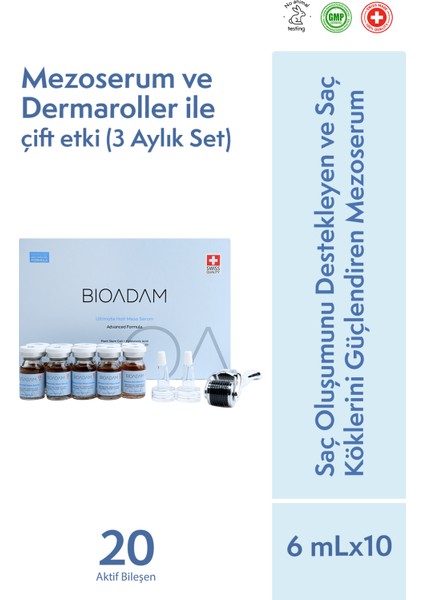 Saç Mezoterapi Serum Seti ve Dermaroller - 6 ml x 10 - Saçı Destekleyen ve Saç Köklerini Güçlendiren Meso Serum
