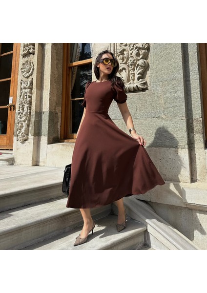 Karpuz Kollu Midi Boy Elbise