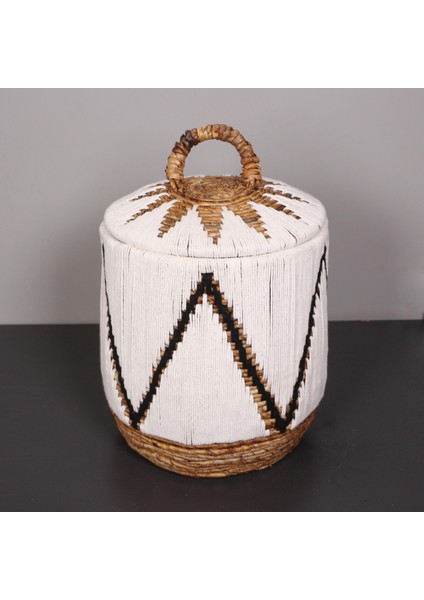 Mylamp Söke Beyaz Makrome ve Doğal Abaka - Kapaklı Sepet 36X40 cm