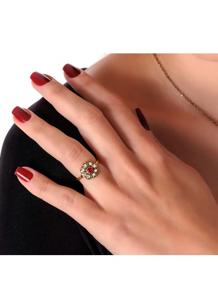Harmoni Mini Çiçek Kırmızı Bakır El Yapımı Kristal Taşlı Kararma Yapmaz Kadın Yüzük Kutulu