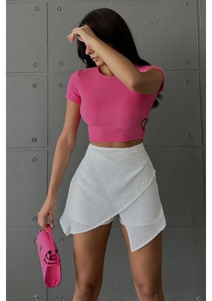 Beyaz Keten Drape Detaylı Yüksek Bel Slim Günlük Fermuarlı Şık Trend Yazlık Mini Şort Etek