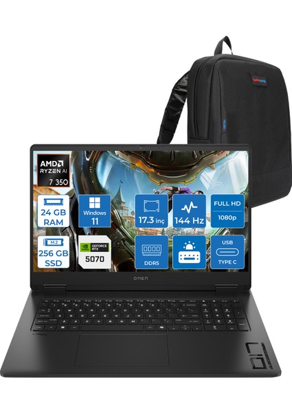 Omen Amd Ryzen™ Aı 7 350 24GB Ddr5 256GB SSD 8GB/RTX5070 Gddr7 17.3 Fhd 144Hz 300NITS IPS 7ms Windows 11 Home Taşınabilir Bilgisayar.BQ1Q1EAH01+ZETTAÇANTA