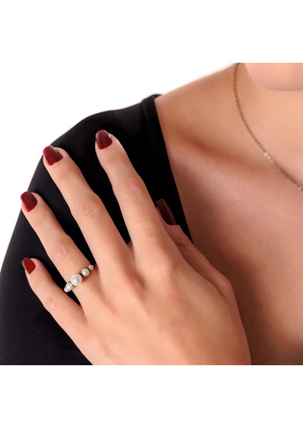 Tria Harmonisi Inci Bakır El Yapımı Kristal Taşlı Kararma Yapmaz Kadın Yüzük Kutulu