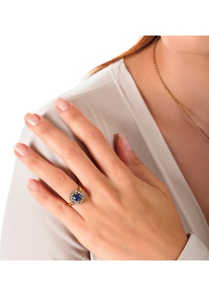 Harmoni Baget Lacivert Bakır El Yapımı Kristal Taşlı Kararma Yapmaz Kadın Yüzük Kutulu