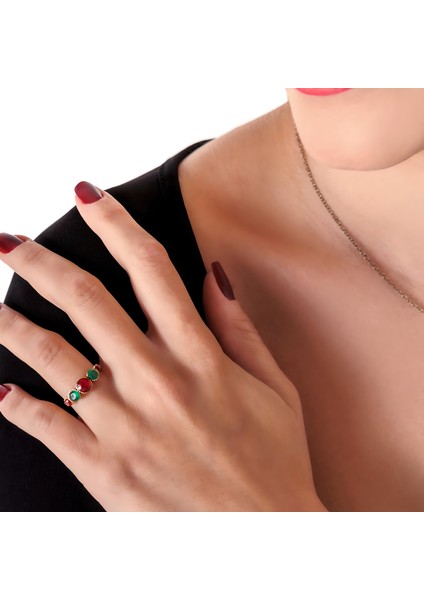 Tria Harmonisi Renkli Bakır El Yapımı Kristal Taşlı Kararma Yapmaz Kadın Yüzük Kutulu