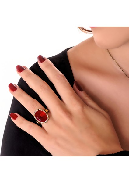 Kösem Sultan Kırmızı Bakır El Yapımı Zirkon Taşlı Kararma Yapmaz Kadın Yüzük Kutulu