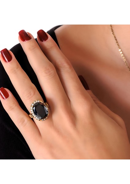 Kösem Sultan Siyah Bakır El Yapımı Zirkon Taşlı Kararma Yapmaz Kadın Yüzük Kutulu