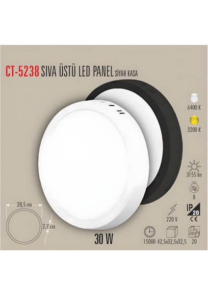 30W Sıva Üstü LED Panel Armatür Gün Işığı Siyah Kasa CT-5238 fiyatları