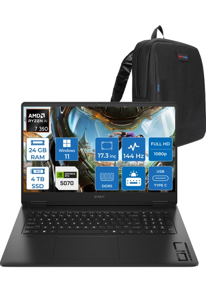 Omen Amd Ryzen™ Aı 7 350 24GB Ddr5 4tb SSD 8GB/RTX5070 Gddr7 17.3 Fhd 144Hz 300NITS IPS 7ms Windows 11 Home Taşınabilir Bilgisayar.BQ1Q1EAH05+ZETTAÇANTA