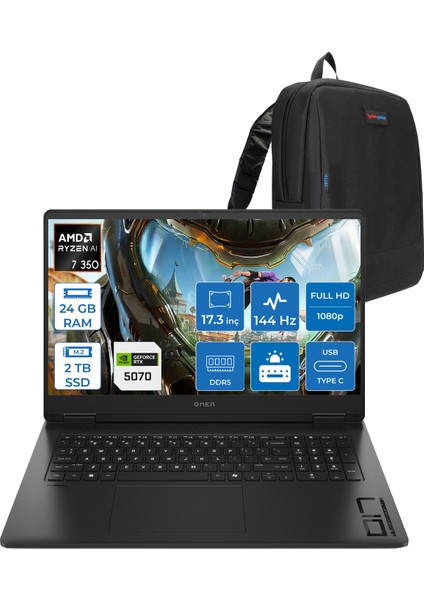 Omen Amd Ryzen™ Aı 7 350 24GB Ddr5 2tb SSD 8GB/RTX5070 Gddr7 17.3 Fhd 144Hz 300NITS IPS 7ms Freedos Taşınabilir Bilgisayar.BQ1Q1EAF04+ZETTAÇANTA