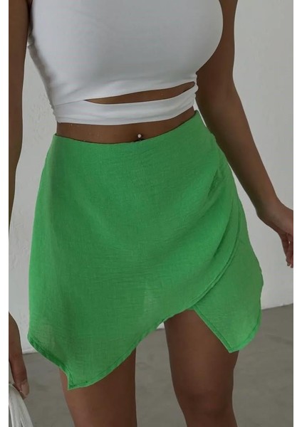 Yeşil Keten Drape Detaylı Yüksek Bel Slim Günlük Fermuarlı Şık Trend Yazlık Mini Şort Etek